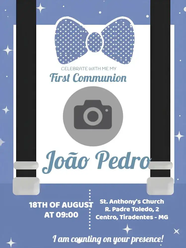 Invitation First Communion With Boy Photo – First Communion theme blue, polka dots, modern, childish, elegant