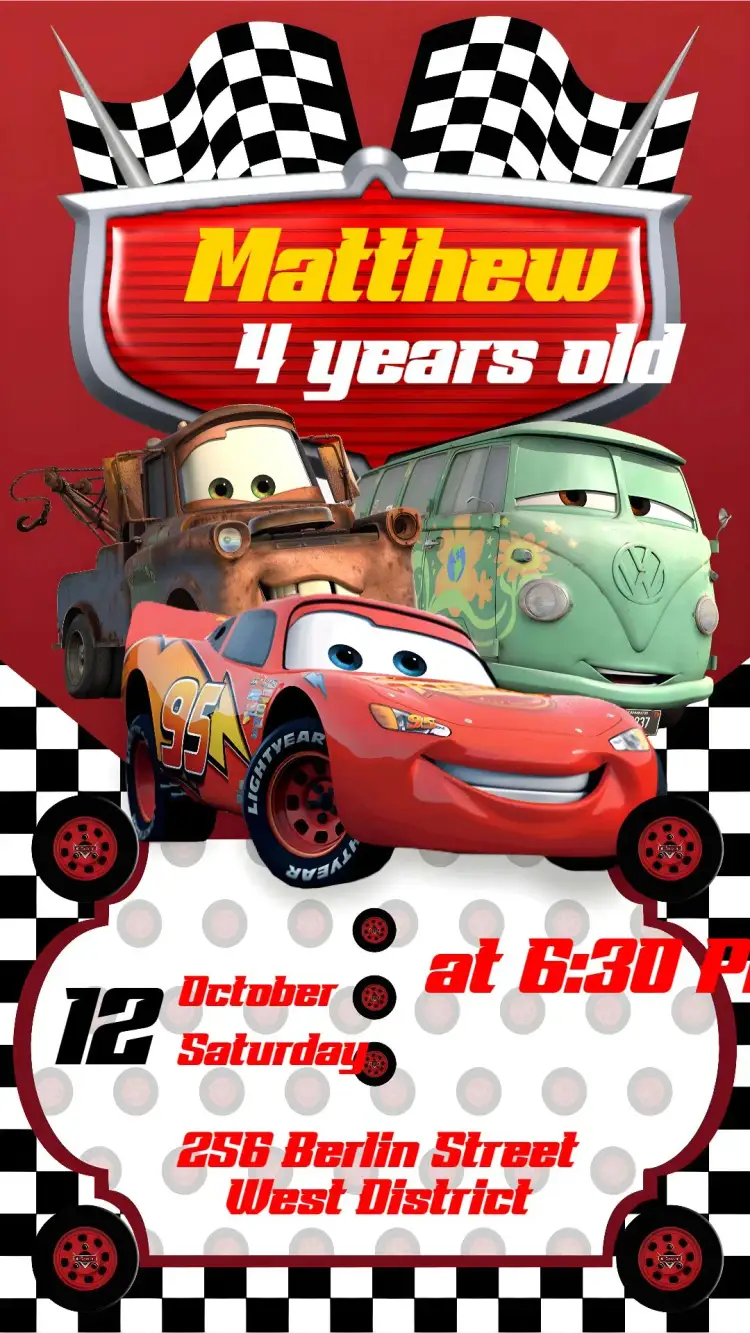 Invitation Disney Cars – Kids' Birthday Party theme colorful, fun, themed, childlike, vibrant