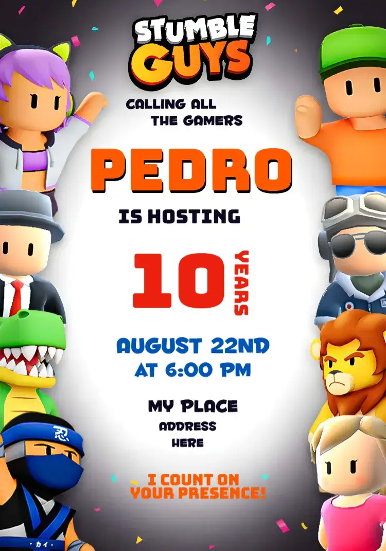 Invitation Stumble Guys Green – Most searched for theme colorful, gamer-themed, modern, fun-filled, youthful, lively