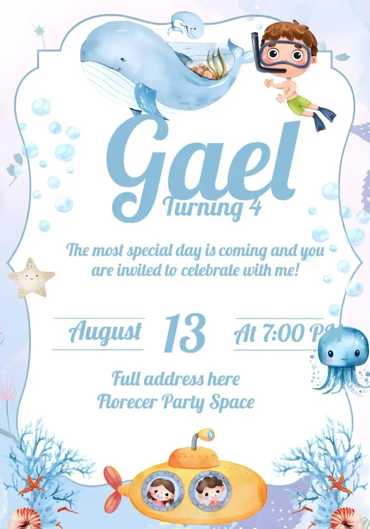 Invitation Under the Sea Boy Blue Octopus – Kids' Birthday Party theme under the sea, blue, marine animals, fun, colorful, childish
