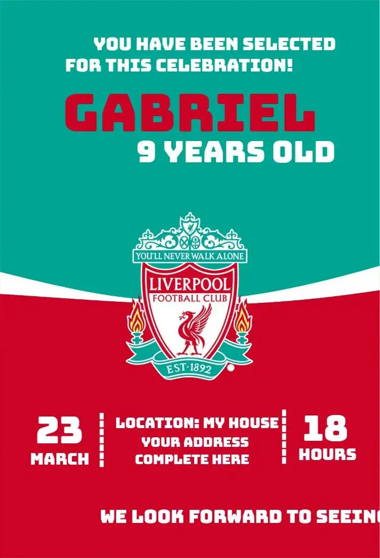 Invitation Liverpool 2 – Birthday theme soccer, contemporary, colorful, sporty, vibrant, fun