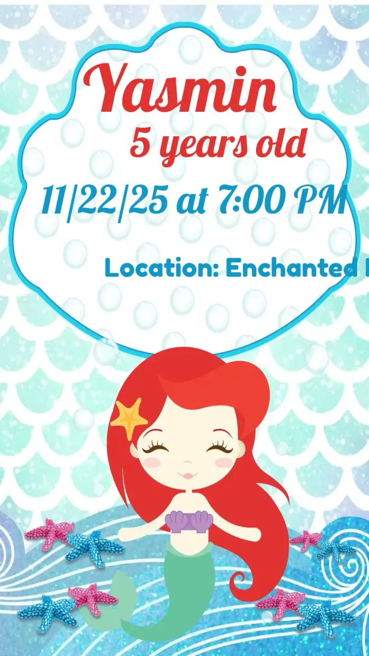 Invitation Mermaid Baby – Kids' Birthday Party theme navy blue, pastel colors, fun illustrations, aquatic elements, playful style, magical party