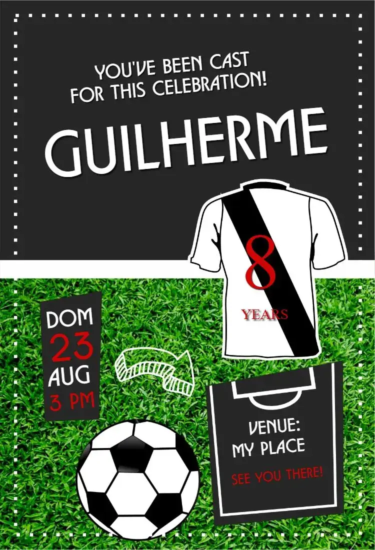Invitation Vasco Shirt – Birthday theme team colors, sporty design, soccer theme, modern style, football graphic elements