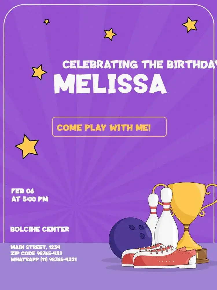 Invitation Stars Bowling Party – Kids' Birthday Party theme vibrant purple, stars, bowling, fun-filled, contemporary, colorful