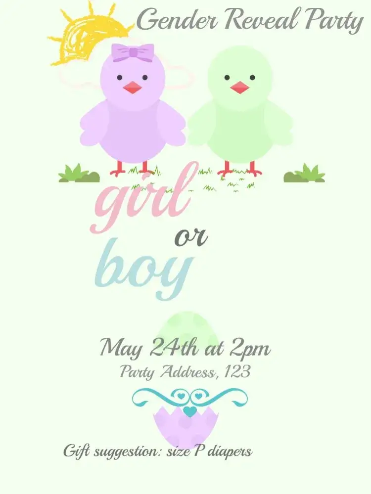 Invitation Baby Shower Chick Heart Reveal – Raffle Tea theme pastel colors, playful, childlike, fun, balloons, scrollwork