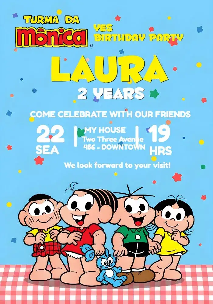 Invitation Turma Da Mônica Colorido – Most searched for theme colorful, fun, childish, comic book, cartoon, vibrant