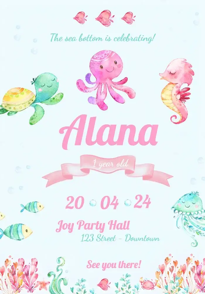 Invitation Underwater Watercolor Seahorse – Kids' Birthday Party theme navy blue, watercolor, colorful, childlike, playful, fun