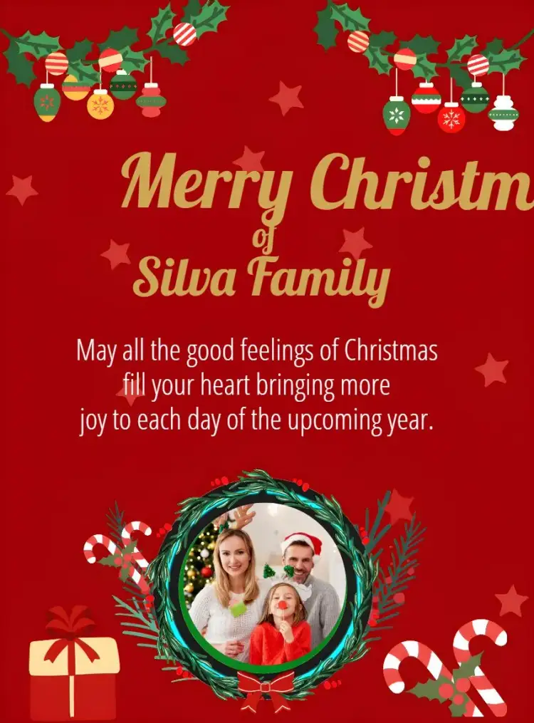 Invitation Family Christmas Card With Golden Photo – Commemorative Dates theme golden, red, Christmas-themed, sophisticated, family-friendly, festive