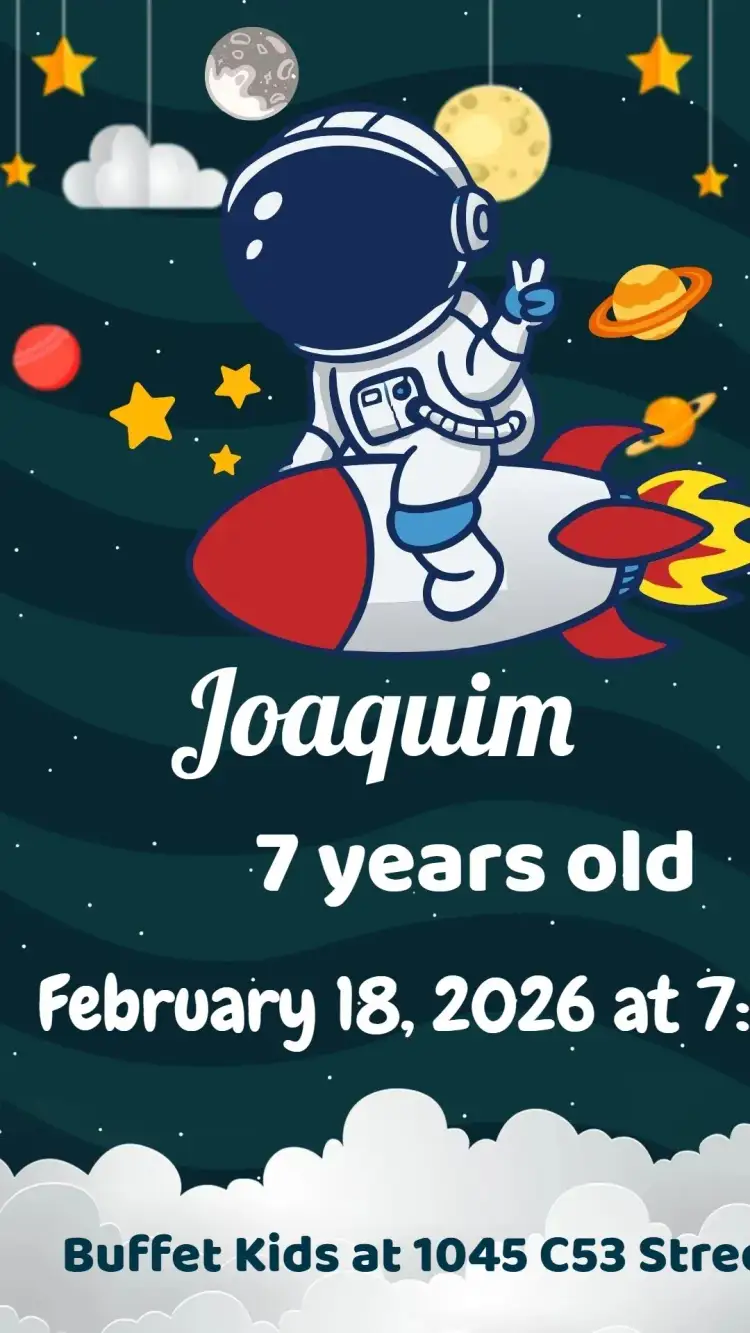 Invitation Astronaut – Kids' Birthday Party theme space, cosmic, colorful, fun, adventure, childlike illustrations
