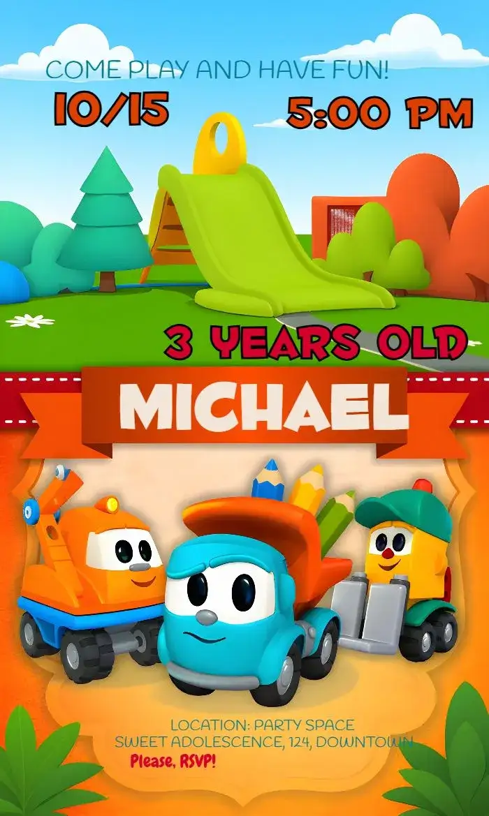 Invitation Leo The Lifty Truck – Most searched for theme colorful, childish, themed, fun, modern