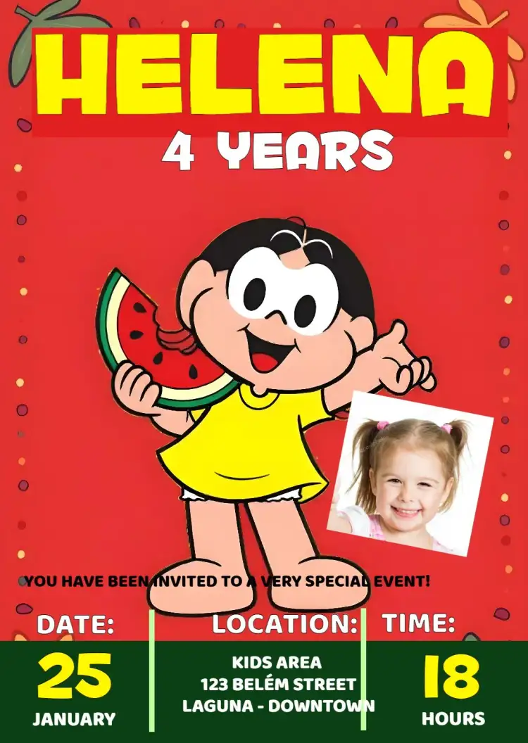 Invitation Magali Monica's Gang With Red Photo – Kids' Birthday Party theme colorful, childlike, playful, Monica's Gang, red and yellow, fun