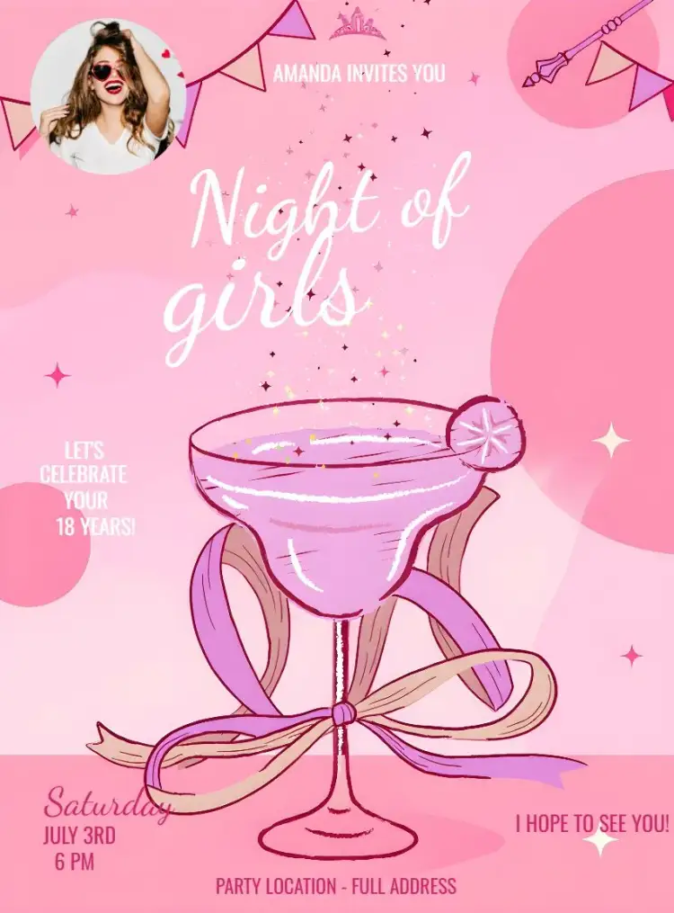 Invitation Girls Pink Night With Adult Photo – Birthday theme pink, feminine, modern, vibrant, elegant