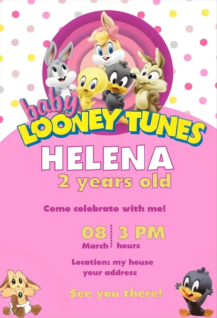 Invitation Looney Tunes Pink Girl – Kids' Birthday Party theme pink, fun, childlike, lively, colorful