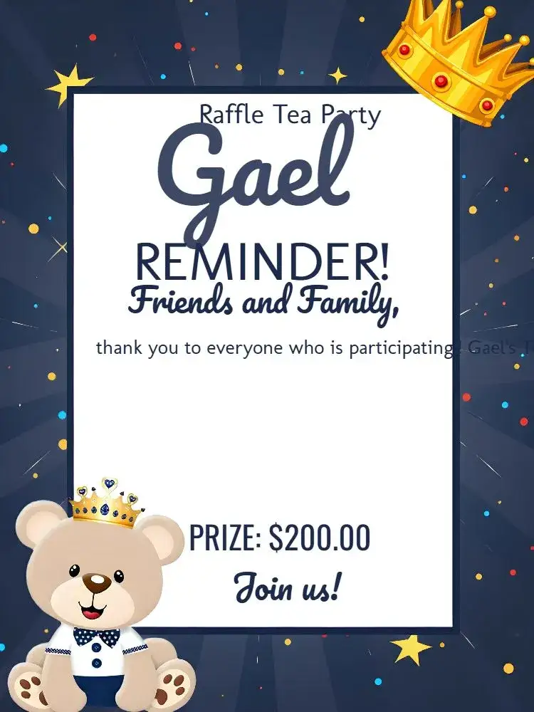 Invitation Golden Prince Teddy Bear Raffle Tea – Raffle Tea theme blue, golden, white, children's, modern, playful