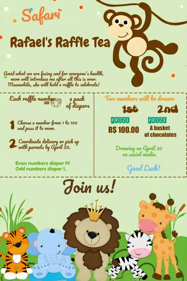 Invitation Safari Animals Diaper Raffle Tea – Diaper Shower theme safari, animals, tropical, colorful, fun, natural