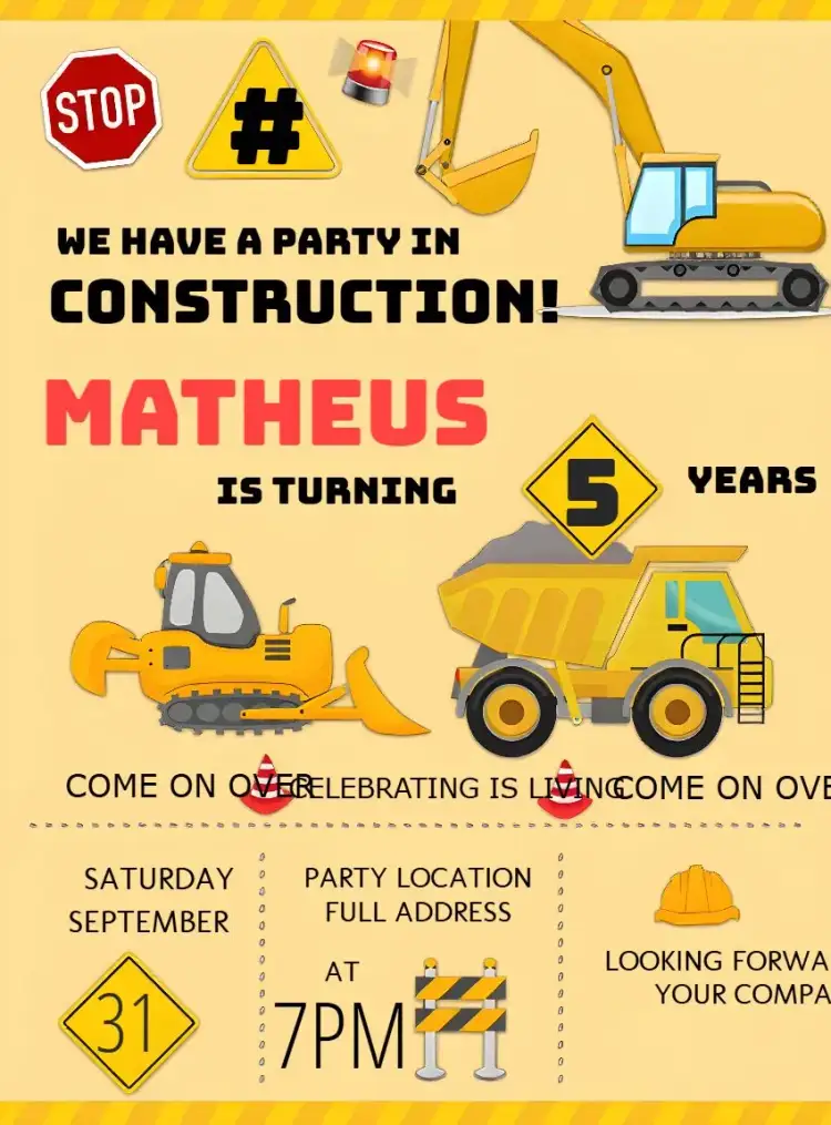 Invitation Construction Trucks – Raffle Tea theme trucks, construction, vibrant colors, childlike style, graphic elements
