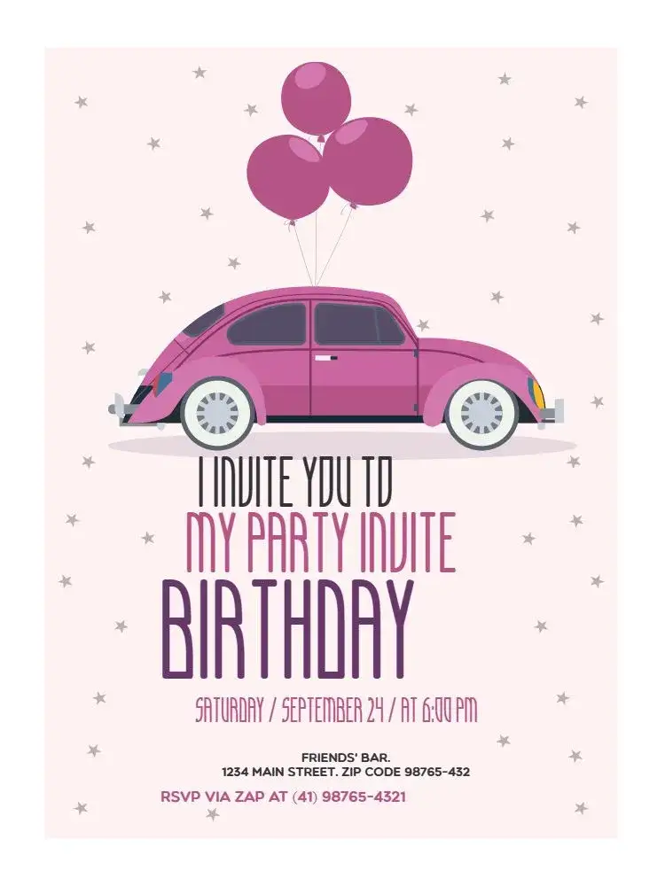 Invitation Playful Beetle – Kids' Birthday Party theme pink, fun, playful, colorful, childlike, automotive