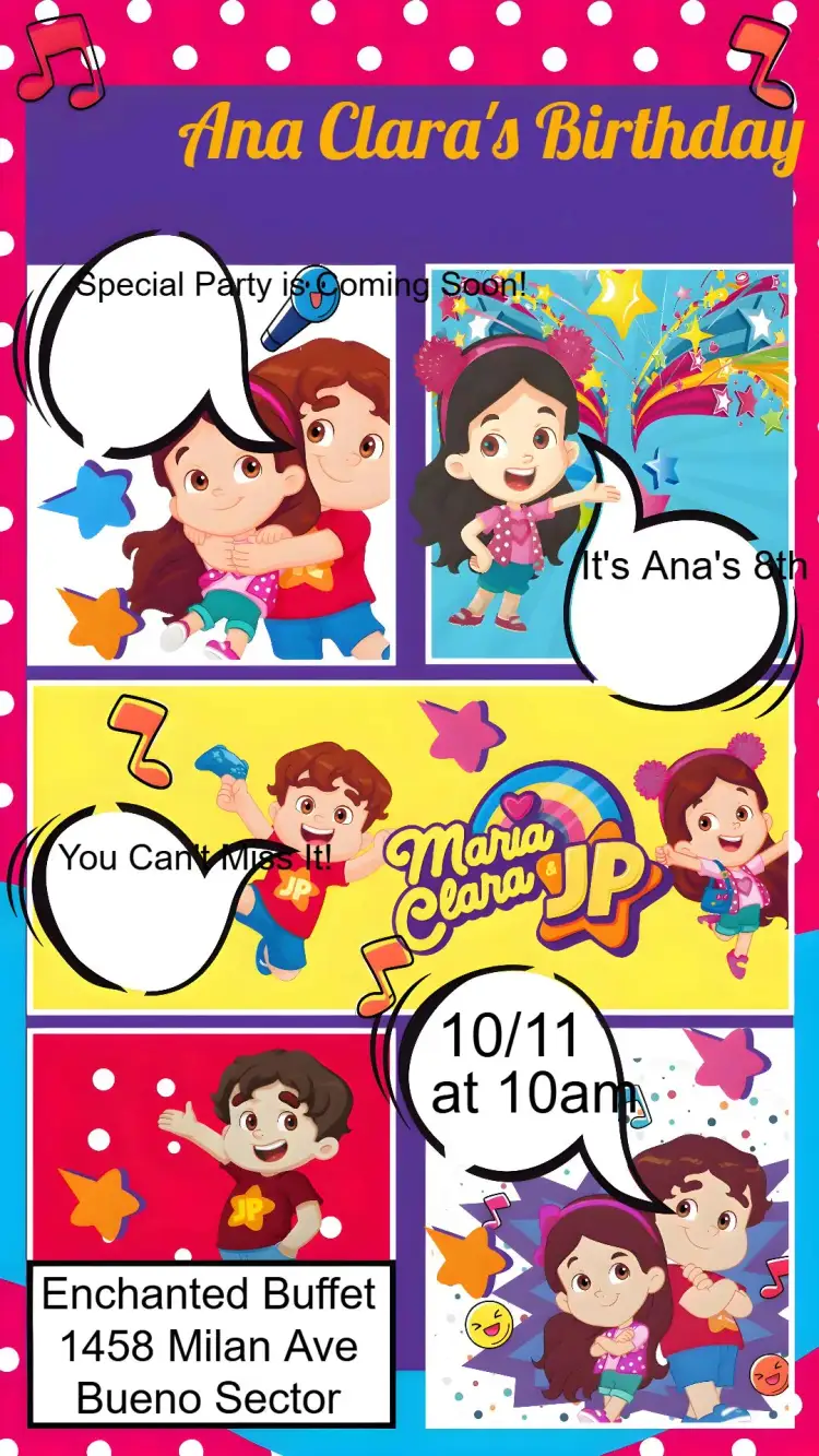 Invitation Maria Clara and JP – Kids' Birthday Party theme colorful, fun, childish, comic book, cheerful