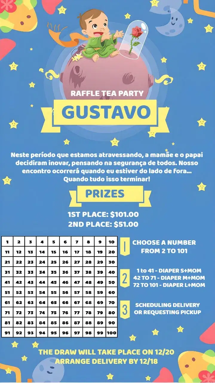 Invitation Yellow Little Prince Tea Raffle – Raffle Tea theme yellow, blue, white, stars, moon, children's illustration