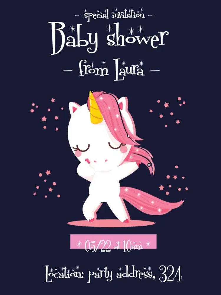 Invitation Pink Unicorn Baby Shower – Diaper Shower theme unicorn, pink, fantasy, playful, colorful