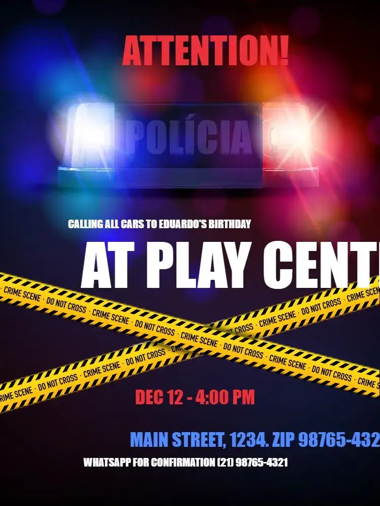 Invitation Kids Police Theme Black Neon – Kids' Birthday Party theme neon, police-themed, modern, playful, colorful