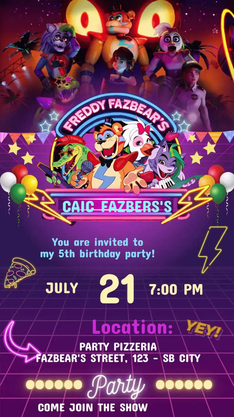 Invitation Invitation Birthday Five Nights At Freddy Fazbear's – Kids' Birthday Party theme dark and vibrant, fun and playful, game style, horror characters, contrasting colors, modern design