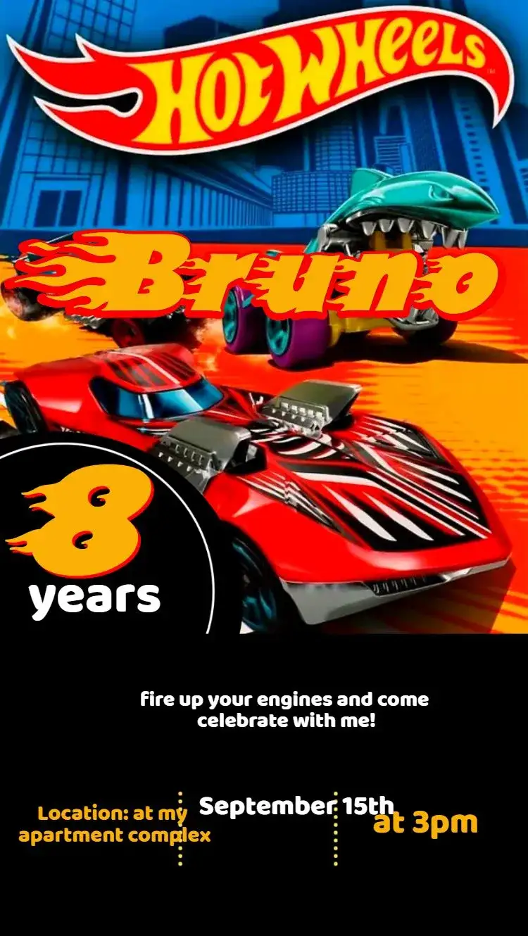 Invitation Hotwheels – Kids' Birthday Party theme vibrant colors, modern style, racing graphic elements, fun design, toy-inspired, car theme