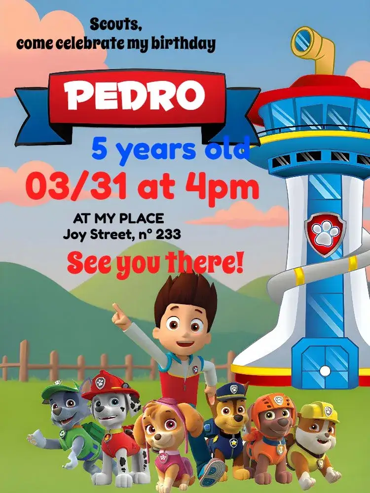 Invitation Paw Patrol Animated – Kids' Birthday Party theme colorful, fun, themed, lively, childish