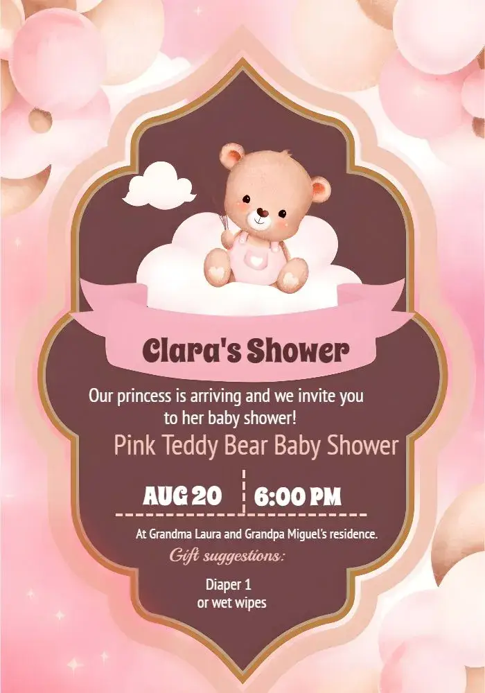 Pink Teddy Bear Baby Shower invitation