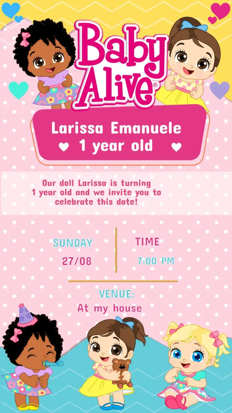 Invitation Baby Alive Birthday Invitation – Kids' Birthday Party theme colorful, fun, doll illustrations, modern style, graphic elements, kid themes