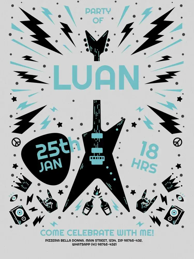 Invitation Blue Grunge Rock N Roll – Kids' Birthday Party theme rock, grunge, azul, musical, jovem, colorido