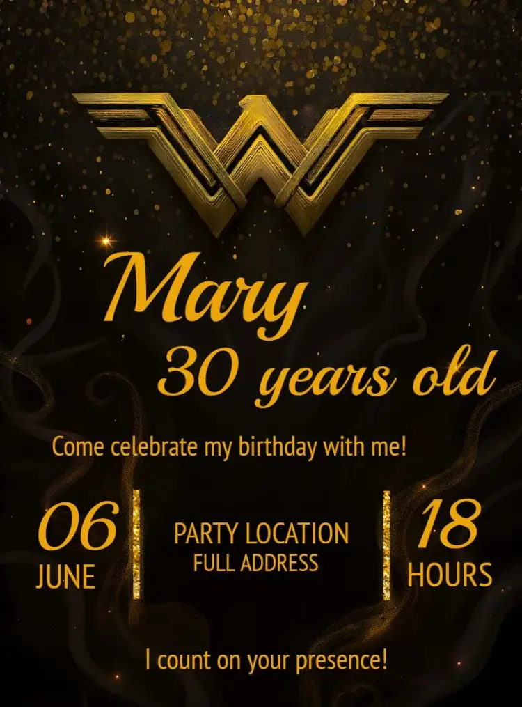 Wonder Woman Golden Glitter Heroine invitation