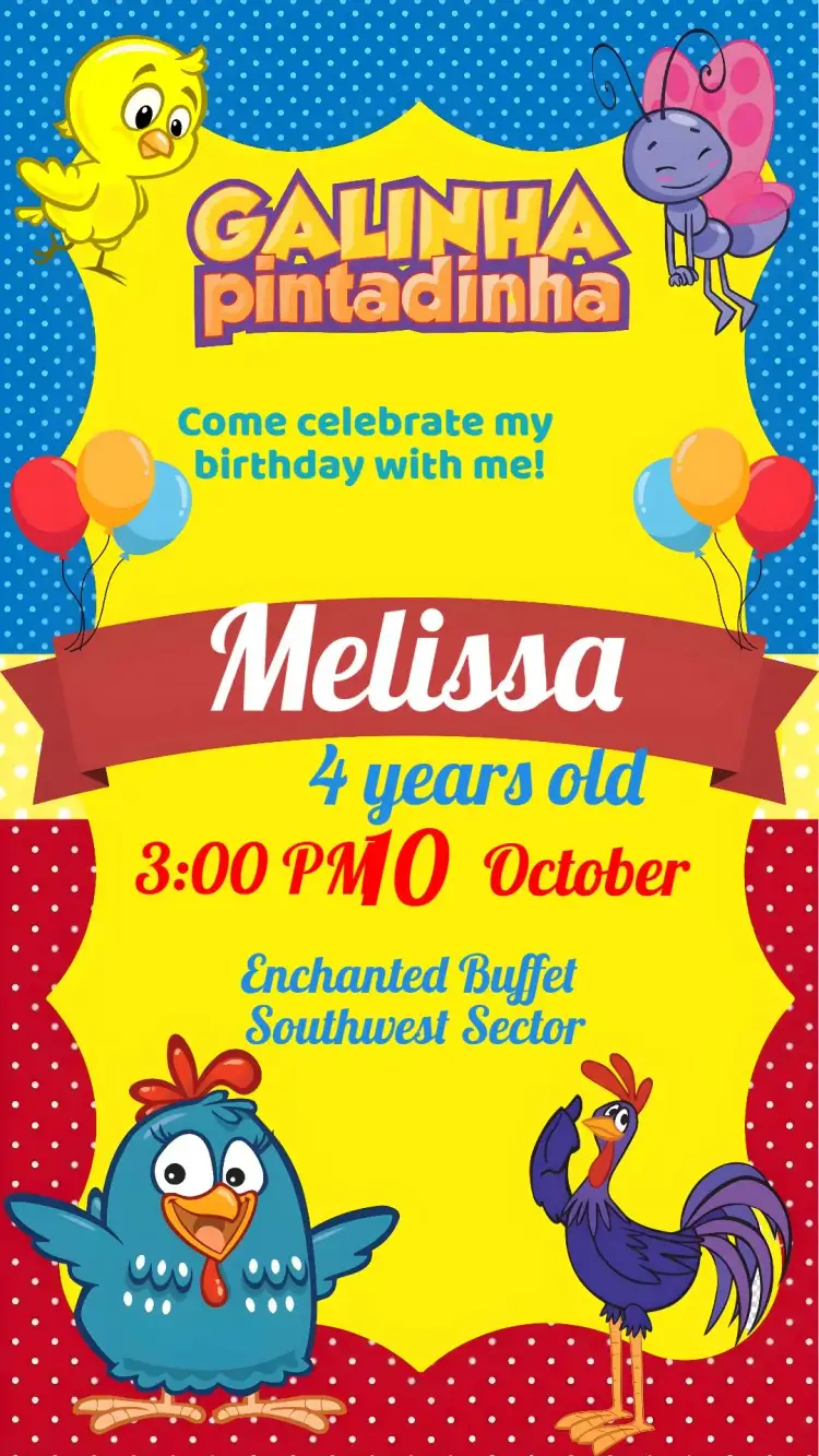 Invitation Galinha Pintadinha – Kids' Birthday Party theme colorful, playful, fun, themed, lighthearted, childlike