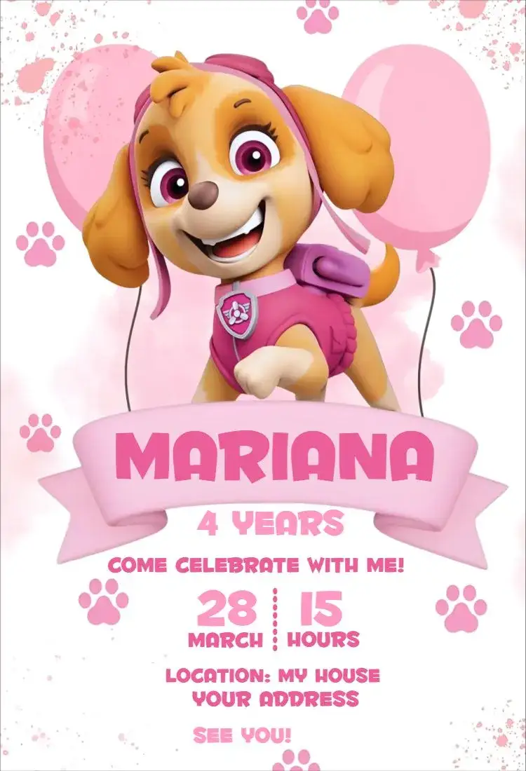 Invitation Patrulha Canina Girl 4 – Birthday theme pink, fun, childish, thematic, colorful, modern