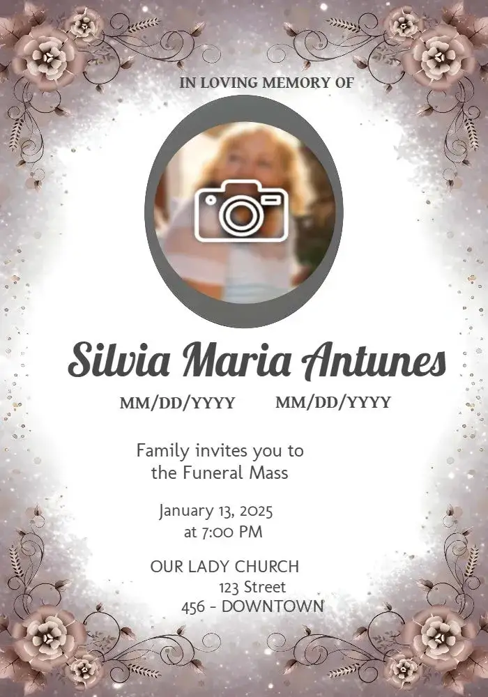 Invitation Funeral Mass With Photo Mourning – Commemorative Dates theme gray and white, minimalist, sober, classic, elegant