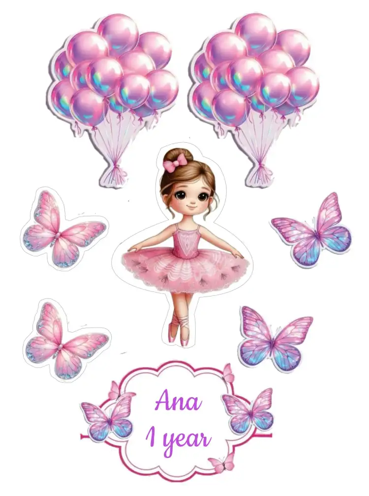 Invitation Ballerina – Cake topper theme soft colors, playful style, dance elements, floral details, charming design, sparkling touches