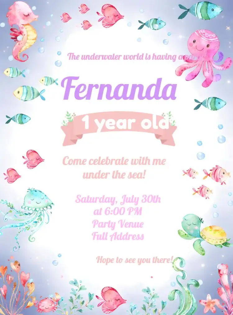 Invitation Under the Sea Ocean – Kids' Birthday Party theme navy blue, colorful, fun, themed, childish