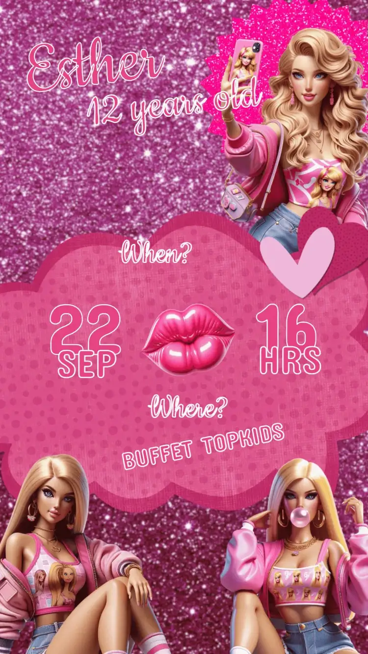 Invitation Barbie Birthday Invitation – Kids' Birthday Party theme vibrant colors, playful style, Barbie's graphic elements, fairytale theme, charming design, touch of magic