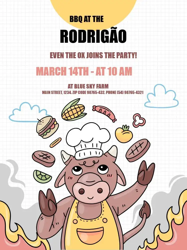 Invitation Funny BBQ Cow Celebration – Most searched for theme fun, colorful, cow illustrations, barbecue graphic elements, light design, festive style