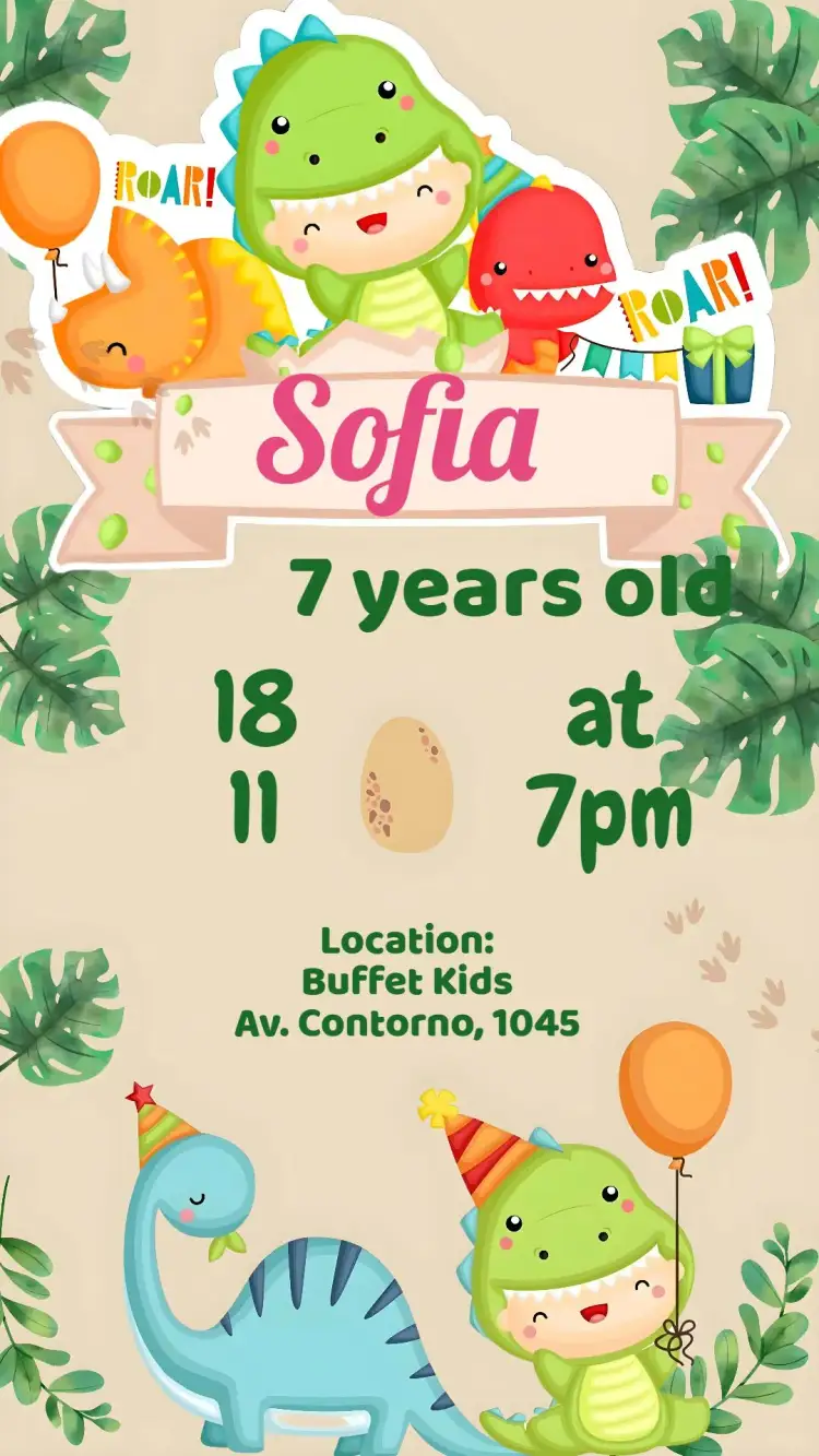 Invitation Dinosaur – Kids' Birthday Party theme colorful, fun, dinosaur illustrations, childish, prehistoric theme, nature scenes
