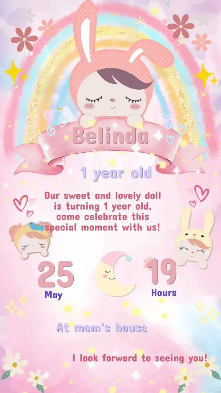 Invitation Digital Invitation Metoo Doll Kids to Edit – Kids' Birthday Party theme colorful, fun, childish, doll illustrations, bright, playful