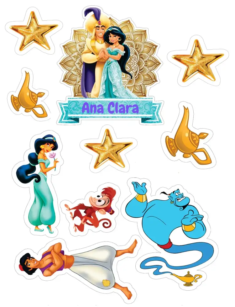 Invitation Aladdin – Cake topper theme vibrant colors, Arabian-inspired graphic elements, playful design, enchanted style, fantasy details
