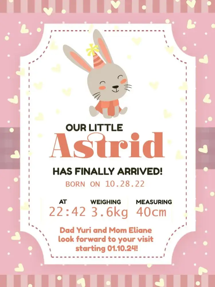 Invitation Baby Bunny Rabbit Birth Celebration Card – Card theme playful, delicate, childlike, pink, animal-themed, festive