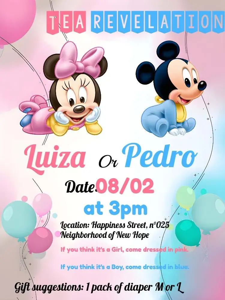 Invite Mickey And Minnie Mouse Disney Gender Reveal Tea Party editable and customizable