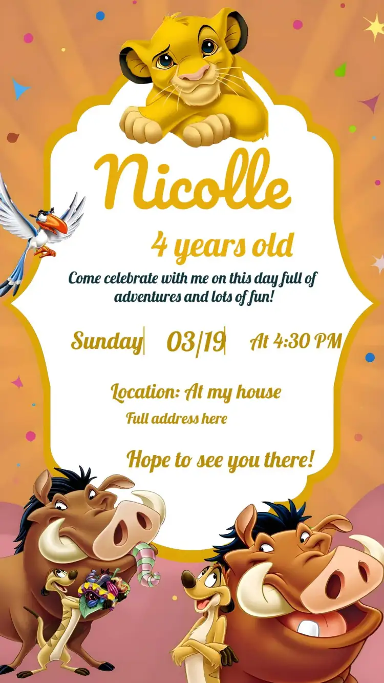Invitation The Lion King – Kids' Birthday Party theme vibrant, fun-filled, themed, animals, savannah, colorful