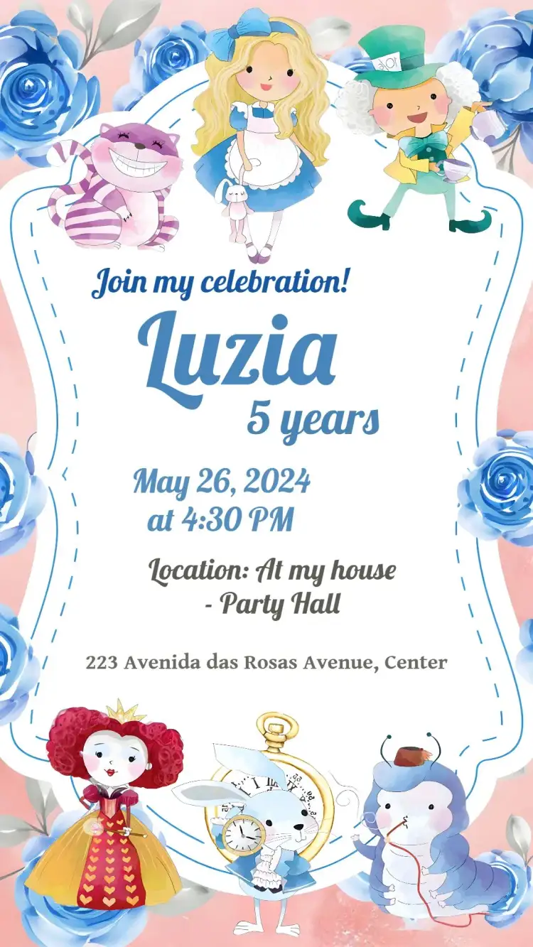 Invitation Alice In Wonderland Blue Pink – Commemorative Dates theme blue, pink, fantasy, playful, illustrations