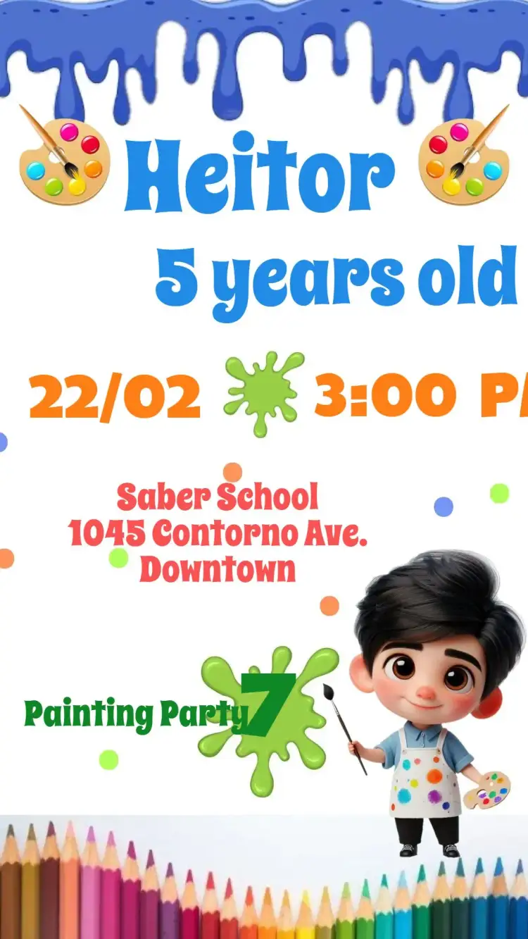 Invitation Painting the 7 – Kids' Birthday Party theme colorful, fun, playful, creative, artistic