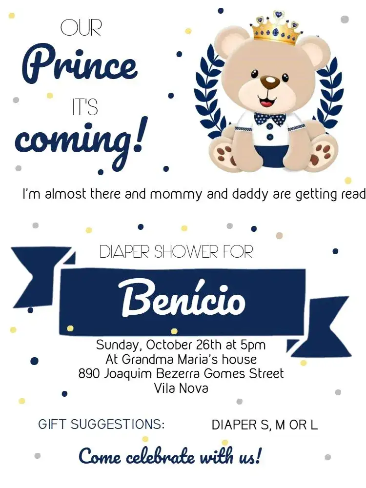 Invitation Baby Shower Little Prince Teddy Bear Diapers – Most searched for theme teddy bear, navy blue, yellow, white, beige, polka dots