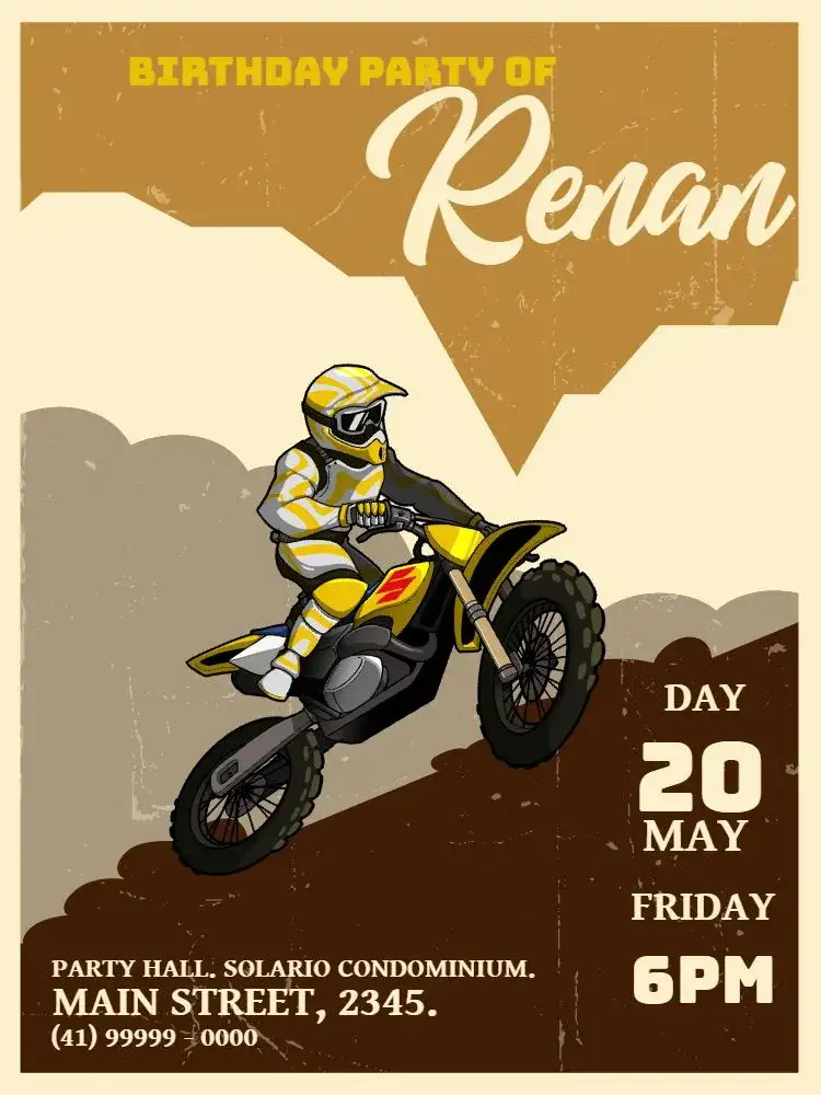 Invitation Vintage Motorcycle – Kids' Birthday Party theme vintage, motocross, dark, adventure, dynamic
