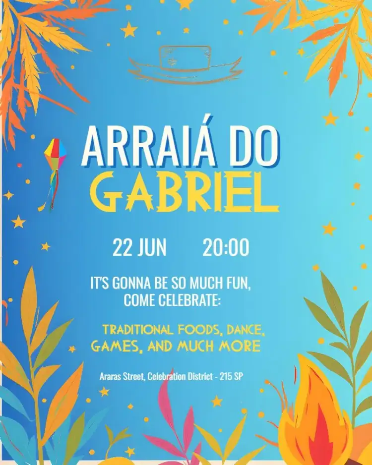 Invitation Arraiá São João Azul – Commemorative Dates theme colorful, vibrant, June party, rustic, fun, traditional